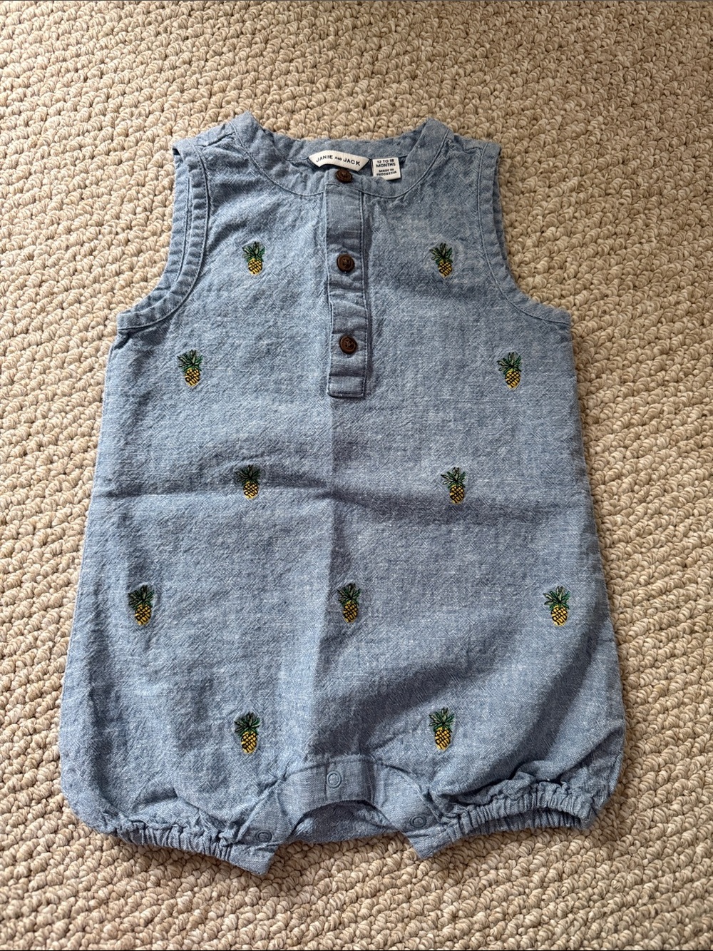 Janie and Jack Blue Chambray Pineapple Embroidered One-Piece